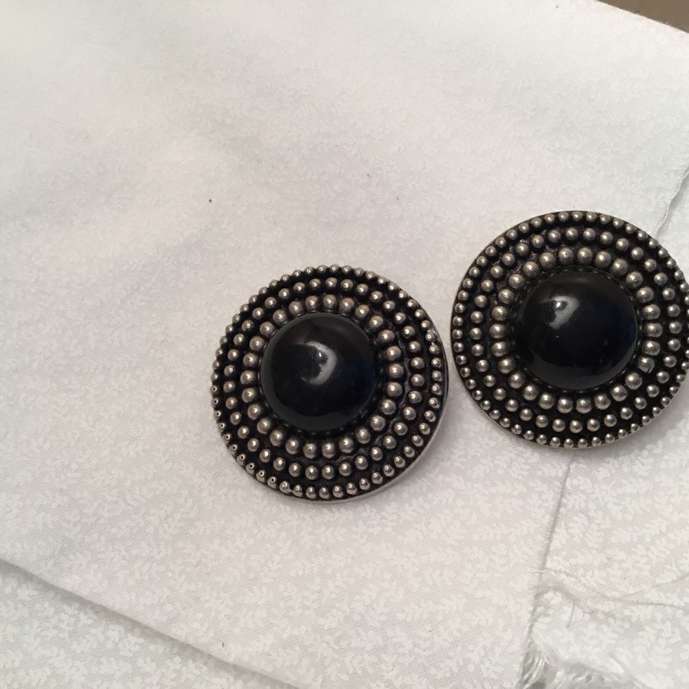 Big Silvertone and Black Clip On Earrings